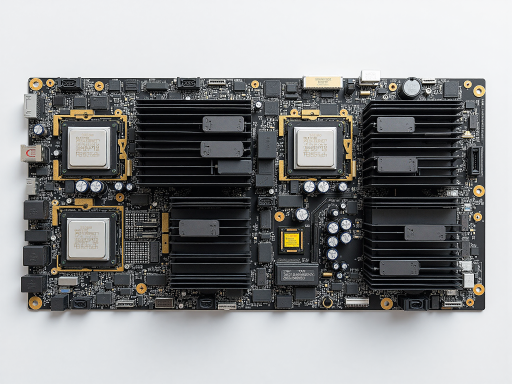 High-end AI hardware PCB motherboard with multiple GPU slots, dense component layout, gold-plated connectors, professional manufacturing quality display