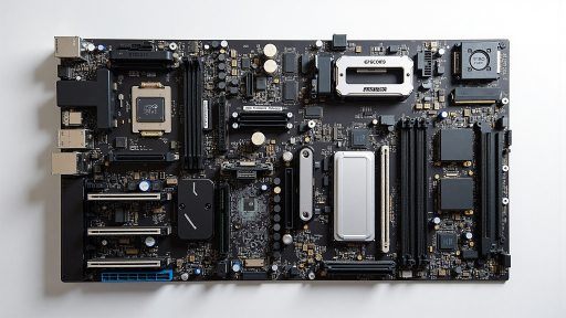 AI server motherboard with multiple CPU and GPU slots, high-density component layout, advanced cooling system integration, enterprise-grade server PCB design