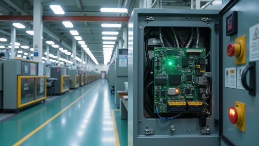 Industrial control PCB with motor drivers, I/O interfaces, communication protocols, factory automation and process control electronics
