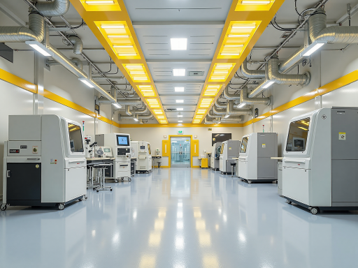 Modern PCB factory workshop panoramic view, automated production lines arranged neatly, workers wearing anti-static clothing operating precision equipment, clean room environment management, high-tech manufacturing process display