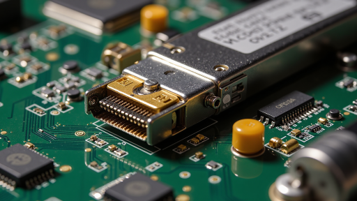Optical module PCB with fiber optic interfaces, high-speed data lanes, precision alignment features, telecommunications and data center optical communication board