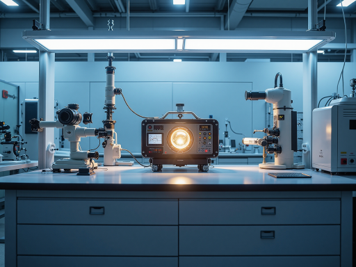 Quality control laboratory with precision measurement instruments, microscope inspection stations, automated optical inspection equipment, professional testing environment